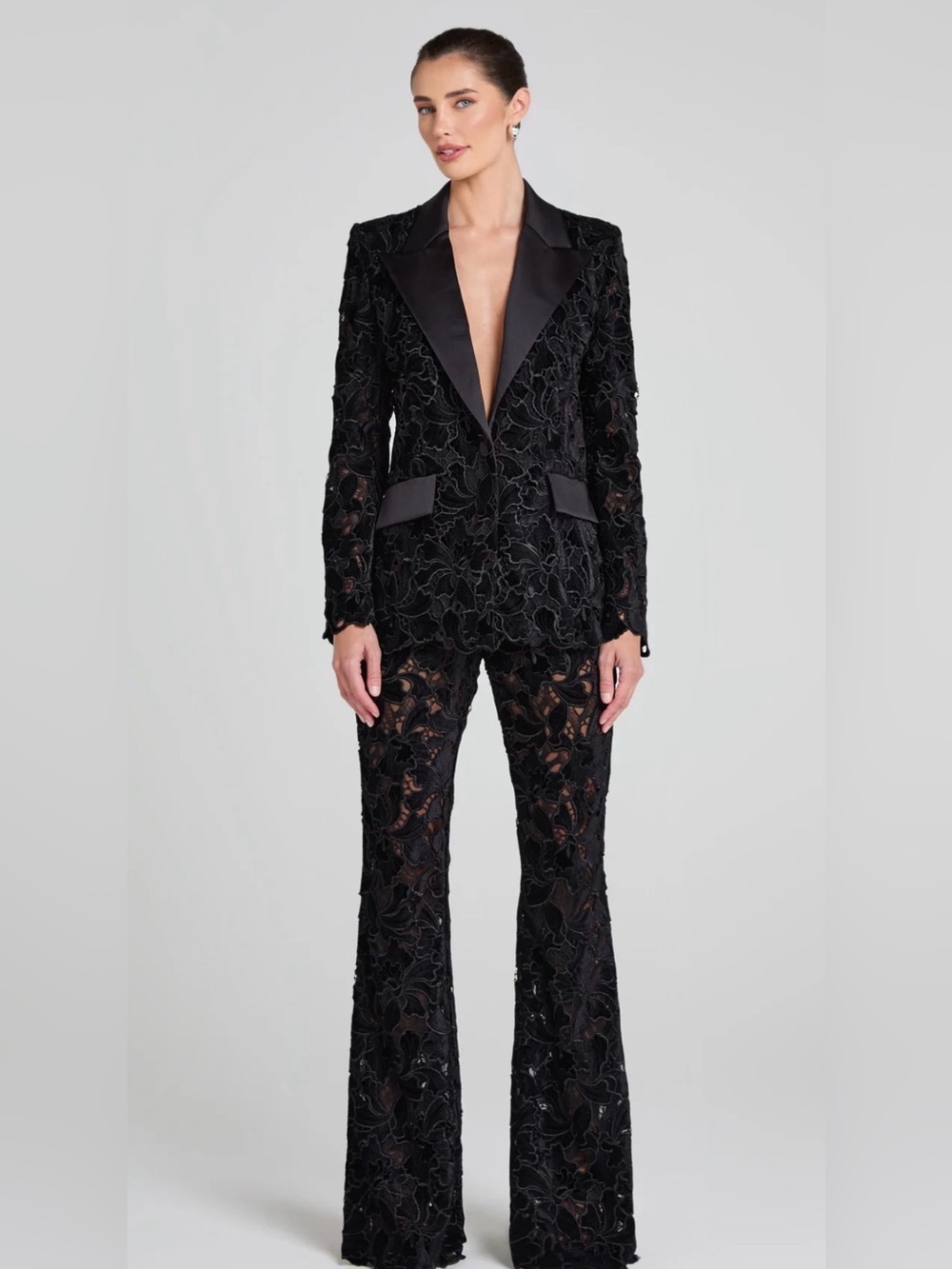 NADINE MERABI Black Lace Blazer and Boot-Cut Set with Satin Lapel